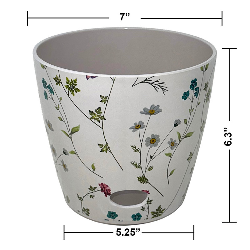7" White and Multicolor Bamboo Fiber Self-Watering Pot