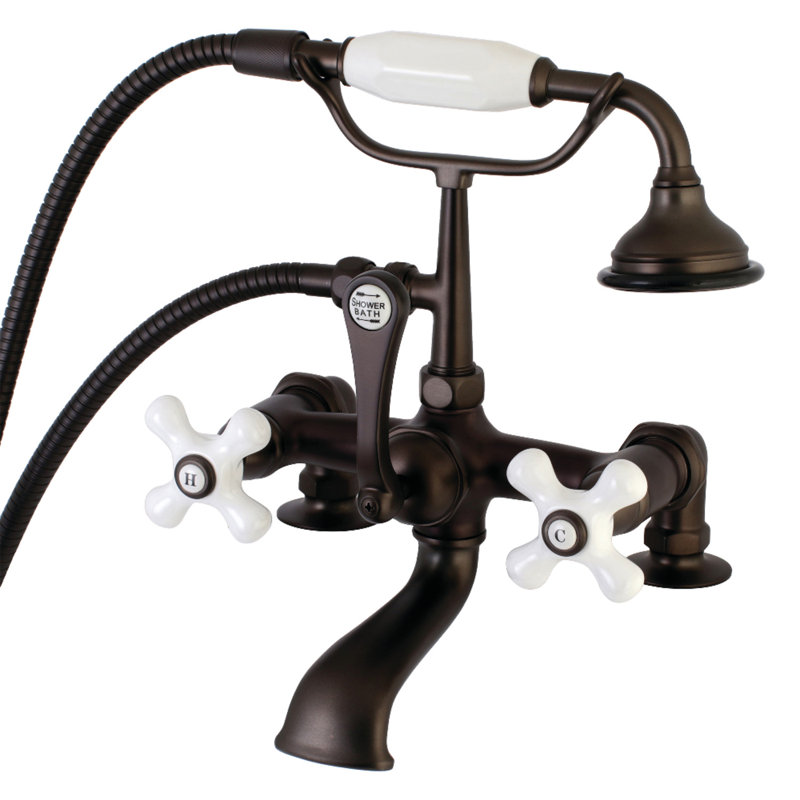 Robinet de baignoire à pattes à fixation sur plateau à trois poignées avec douche à main, Bronze huilé