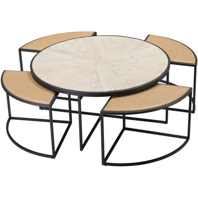 Pemberly Row 5 Piece Nesting Coffee Table Set with Stools in Tan