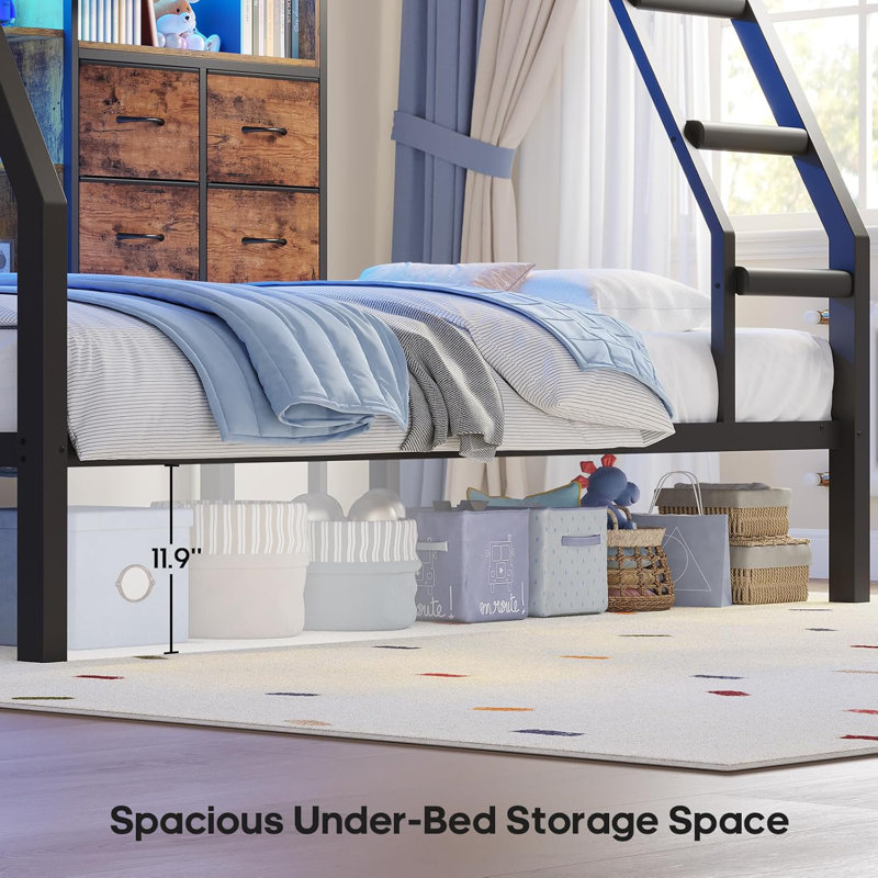Bed  With 4 Storage Drawers & Shelves & Bedside Caddy, Twin  Beds With Charging Station & Led Lights, Metal Bed With Safety Guardrail & Angled Ladder