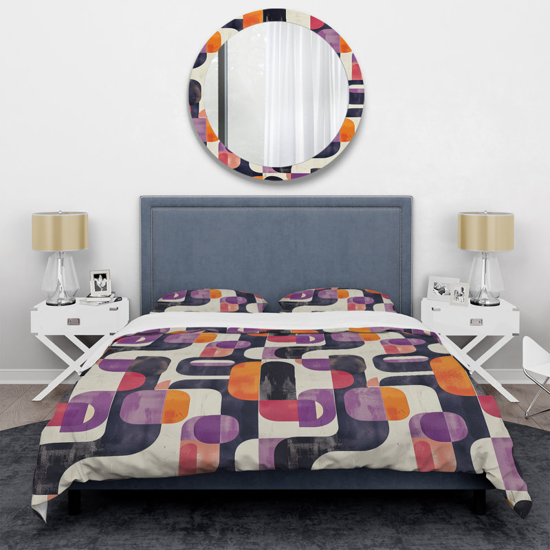 Ensemble de housse de couette à motif géométrique mauve et orange rétro, Housse de couette simple + 2 taies décoratives st