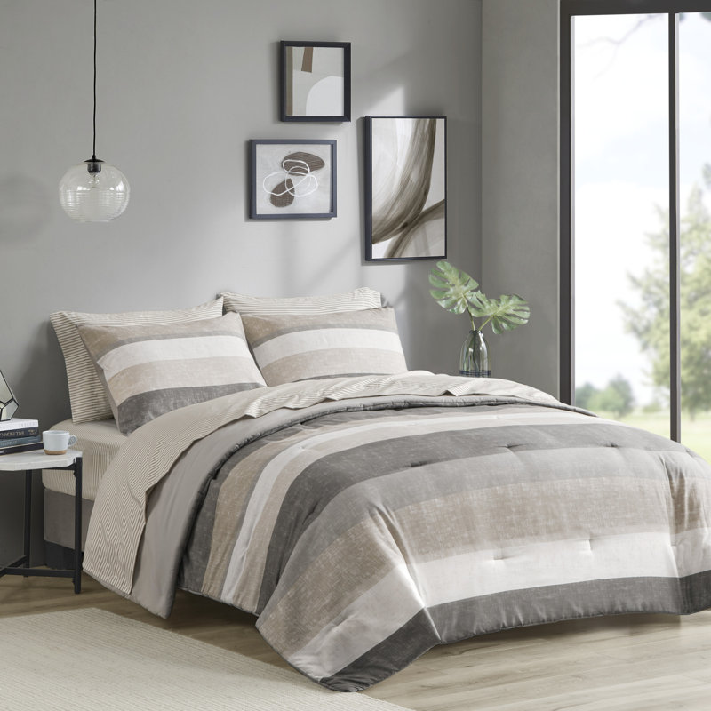 Jaxon Comforter Set with Bed Sheets, Full Comforter + 6 Additional Pieces, Taupe/Gray