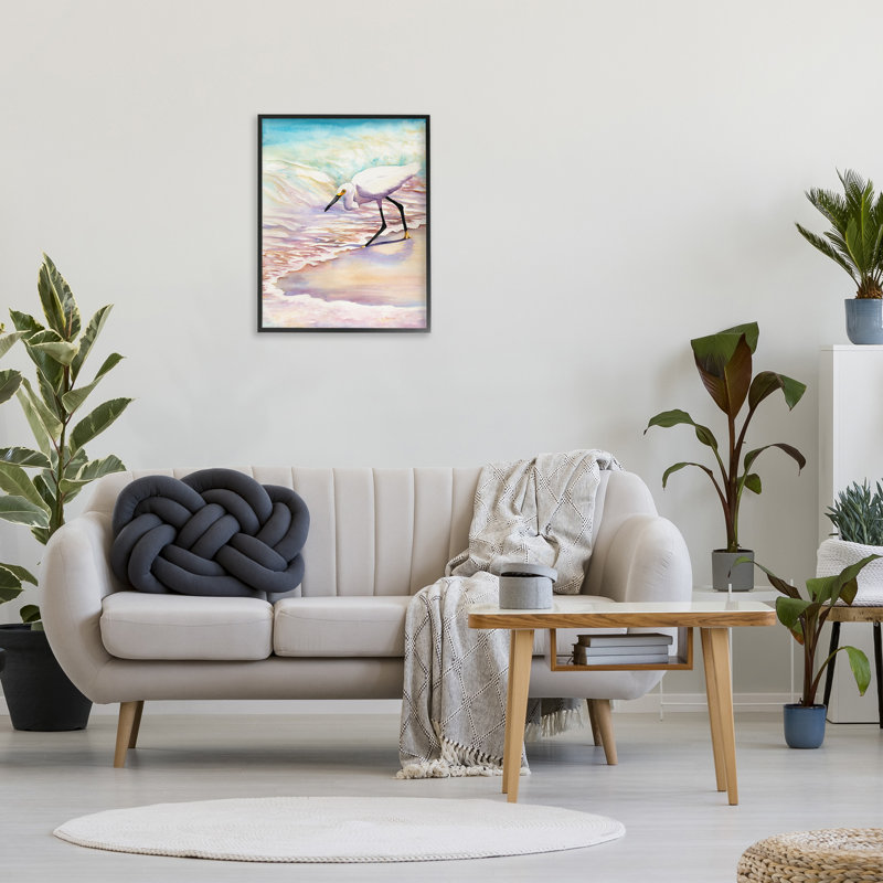 Oiseau sur un rivage pastel, art de la giclée encadrée par Christine Reichow, H 30 po x l 24 po, Giclée encadrée noir minuit