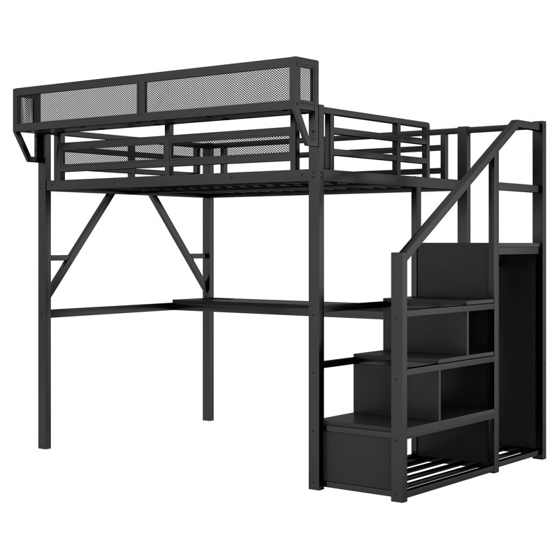 Lit mezzanine avec bureau et station de charge, lit mezzanine en métal avec escalier et lumière pour enfants adolescents