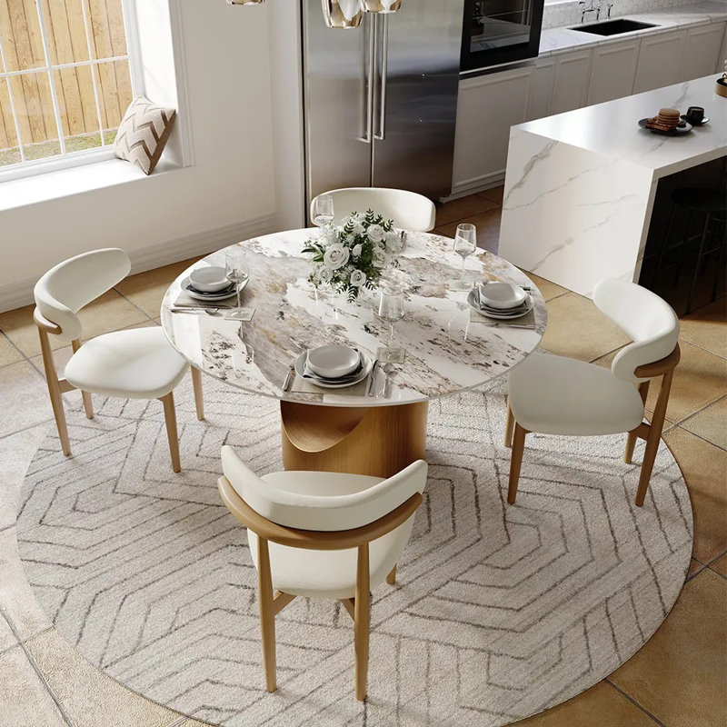 Modern 5/7 Pieces Dining Room Sets, Pre-Assembly Round Dining Table Sets, Sintered Stone Tabletop Kitchen Dining Table Set With Upholstered Chairs