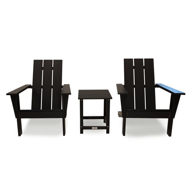 LuXeo Arcadia HDPE Outdoor Adirondack Chair and Table Set, 3-Piece, Black