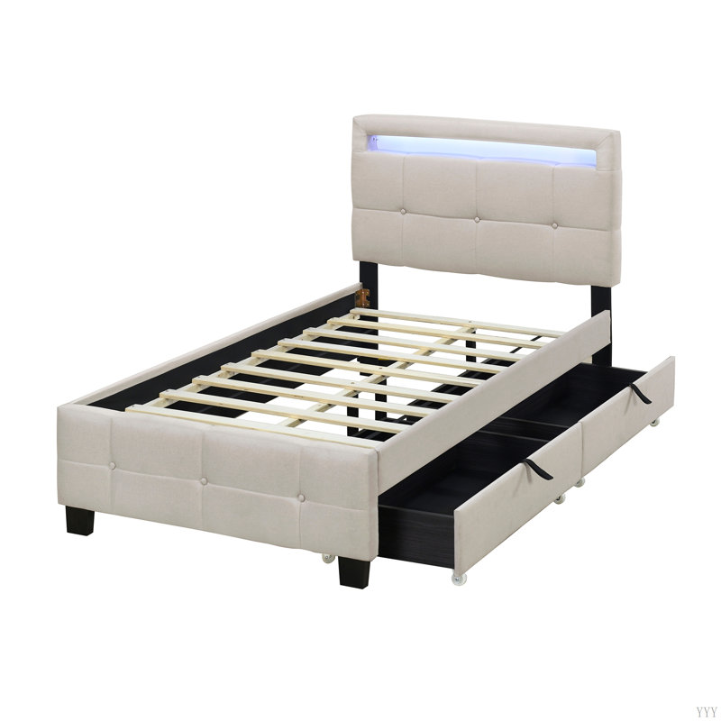 Lit plateforme tapissier avec structure à DEL et 2 tiroirs, tissu en lin, Beige