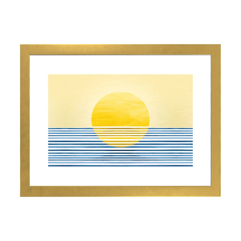 Sunset II-impression d’art graphique abstraite, Papier encadré doré, Blanc, H 24 po x l 32 po x P 1 po