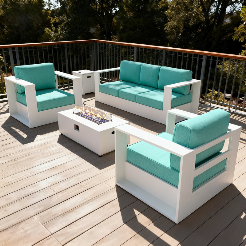 Modern Outdoor Aluminum 4-piece Conversation Set With Firepit Table, Teal Cushion/White Frame