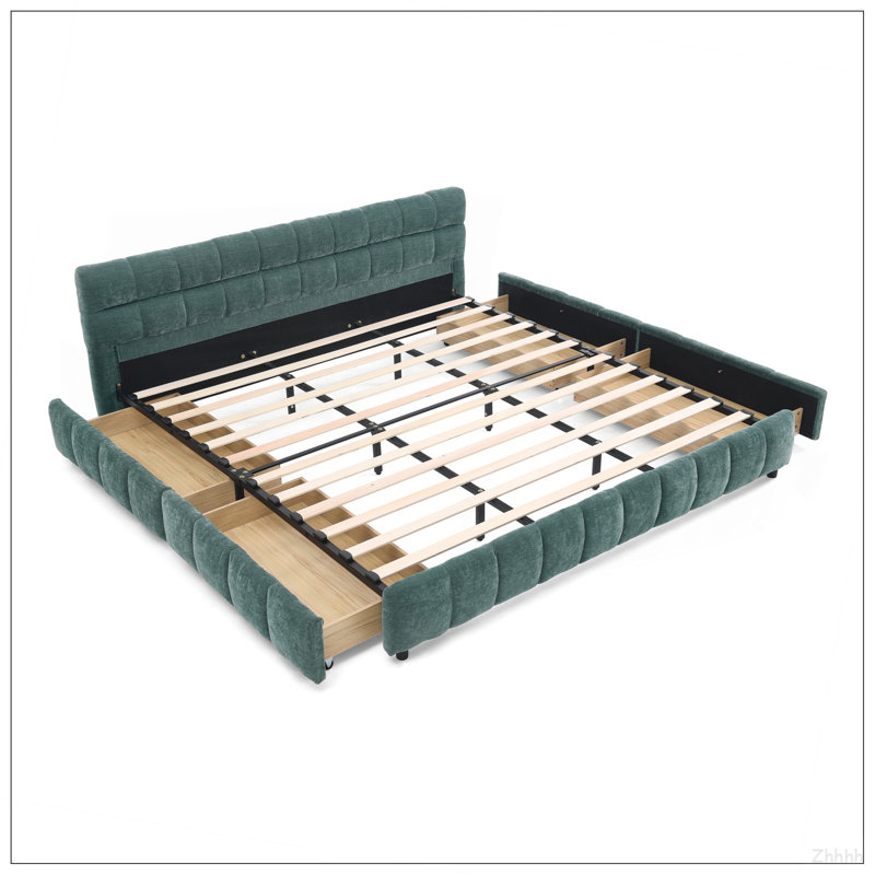Lit tapissier très grand californien, base de lit rembourrée confortable, tissu chenille, avec tête de lit et base de lit solide. Avec tiroir pour le rangement - bleu-vert (90,5 po x 80,5 po x 31 po)