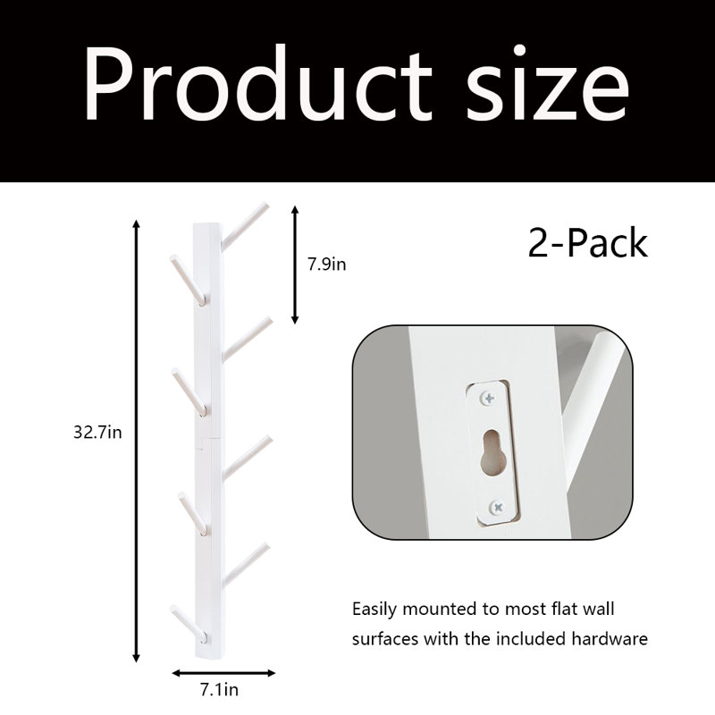 Ensemble de 2 portemanteaux muraux verticaux en bambou, Blanc