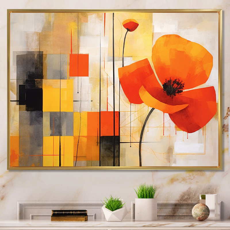 Bold orange cubic Flowers - Abstract Geometric Wall Art, Gold Floater Framed, 34" H x 44" W x 1.5" D