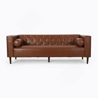 Canapé 3 places exquis avec design matelassé, coussins enroulables, bordure en bois, idéal pour les réunions de famille et les intérieurs modernes