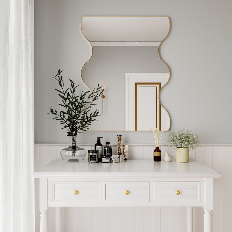 Miroir rectangulaire 30 po x 35 po doré avec 2 côtés ondulés en métal - Meuble-lavabo pour salle de bain, salon, chambre à coucher, chambre à coucher, salle de bain