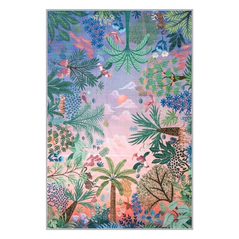 Washable 6x9 Rug for Living Room, Soft Jungle Animal Print Rugs for Bedroom  Non Slip Purple Boho Rug Botanical Kids Rugs for Girls Room