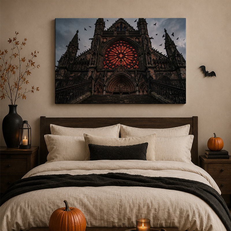 Art mural sur toile, cathédrale gothique avec rose rouge et vol d'Halloween, H 28 po x l 40 po