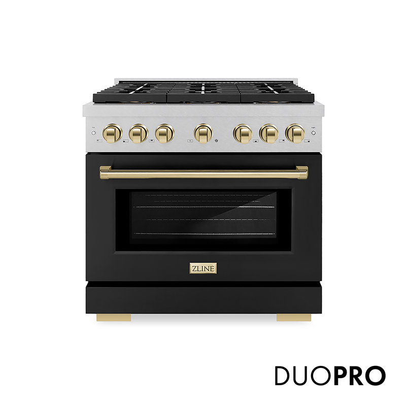 ZLINE Autograph Edition 36 in. 5.2 cu. ft. Paramount Gas Range W/ 6 Burner DuoPro Cooktop and Convection Gas Oven in Satin Stainless Steel W/ Black Matte Door and Polished Gold Accents