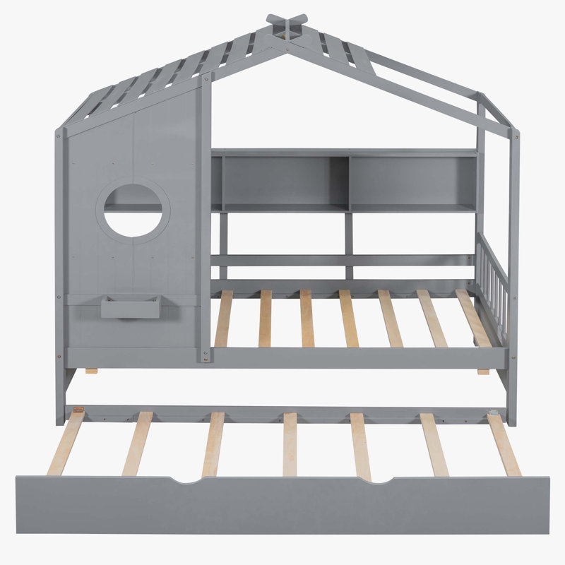 Lit en bois avec lit gigogne, Gris, Lit simple