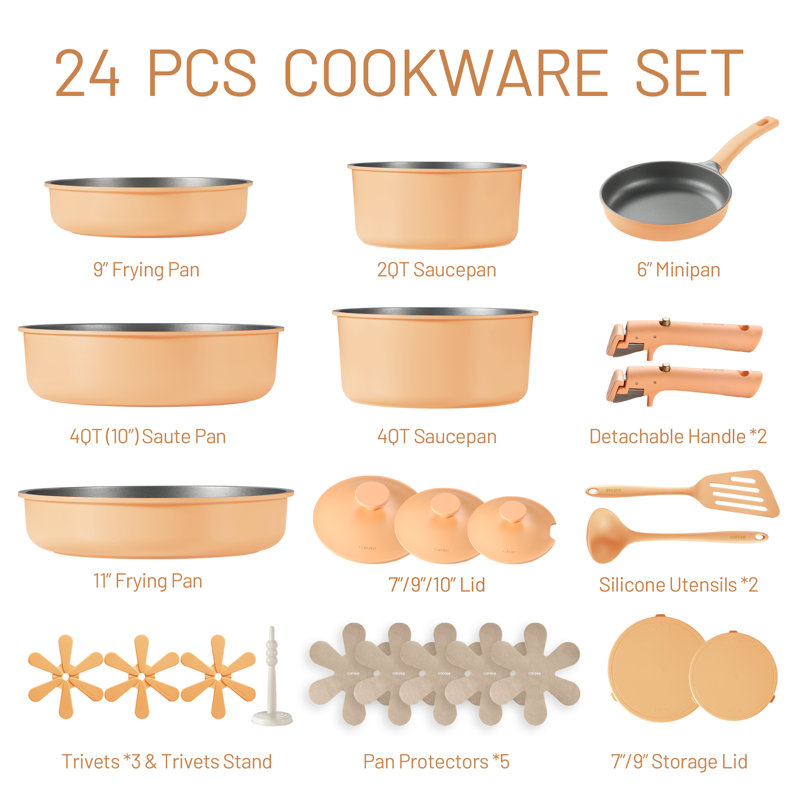 Carote-24 Pieces Nonstick Cookware Set With Detachable Handles, Oven/dishwasher Safe, Orange