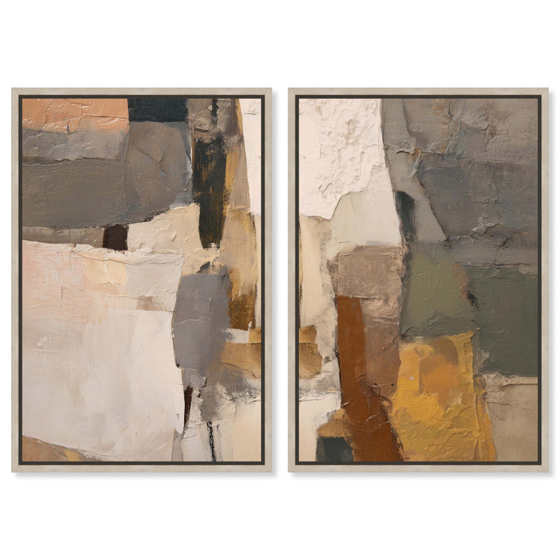«Natural Patchwork Plains Duo», ensemble de décorations murales Boho par Art Remedy, cadre en chêne naturel, 16 x 24
