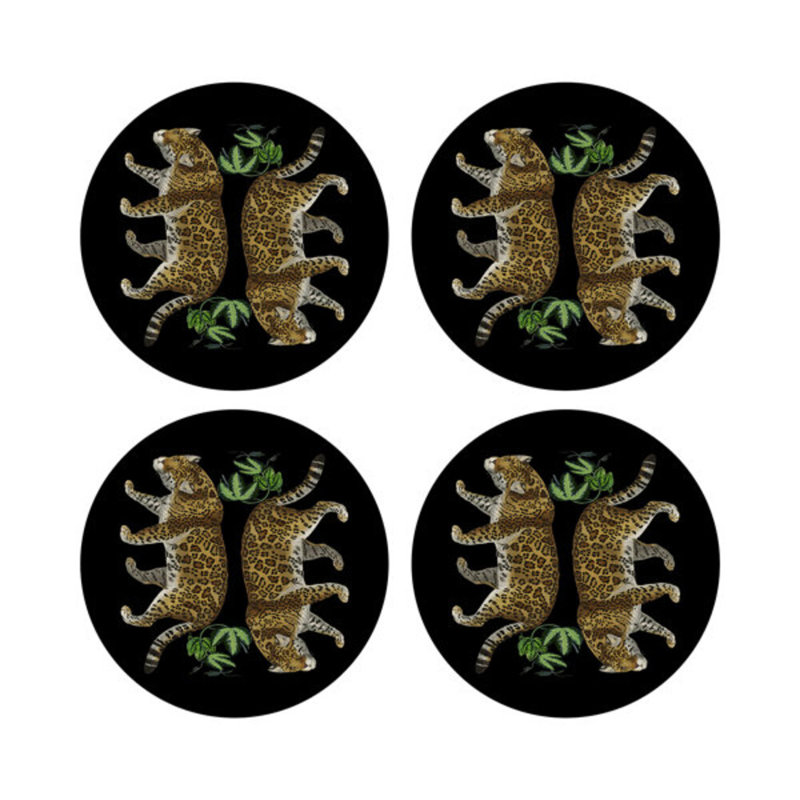 Leopard Seeing Double Evergreen Vegan Leather Round Coasters, Black