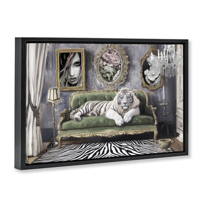 Art mural sur toile flottant encadré doré "Languid Tiger in Opulent Space", conception par Annabelle Hall