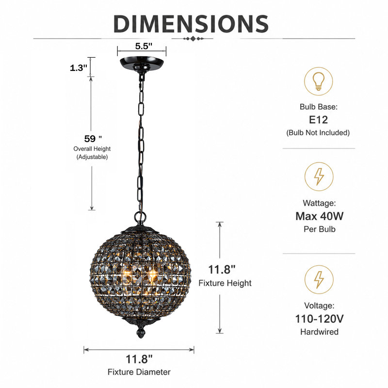 Luminaire suspendu contemporain noir en lustre en cristal W12 "Glam Smoke, H 12 po x l 12 po x P 12 po, Noir