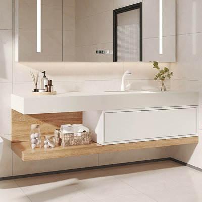 Ensemble de meuble-lavabo moderne flottant blanc et naturel avec lavabo 59 po