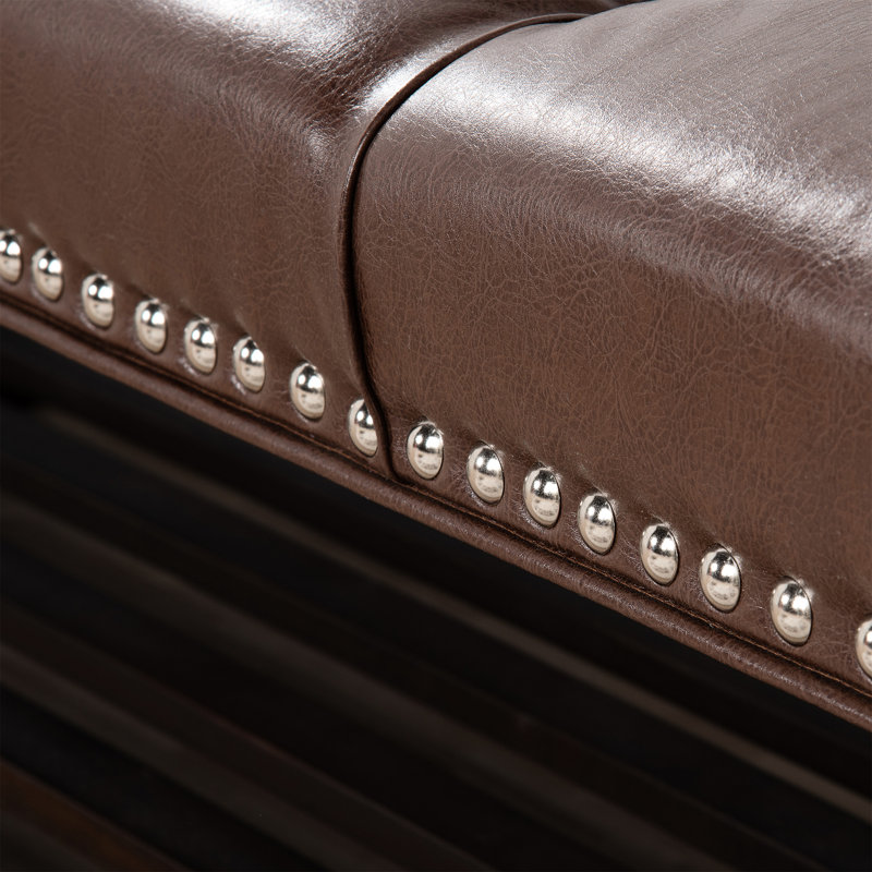Banc de 60 po avec repose-pieds en cuir, chambre à coucher et salon, brun foncé avec pattes, rangement pour chaussures long, revêtement