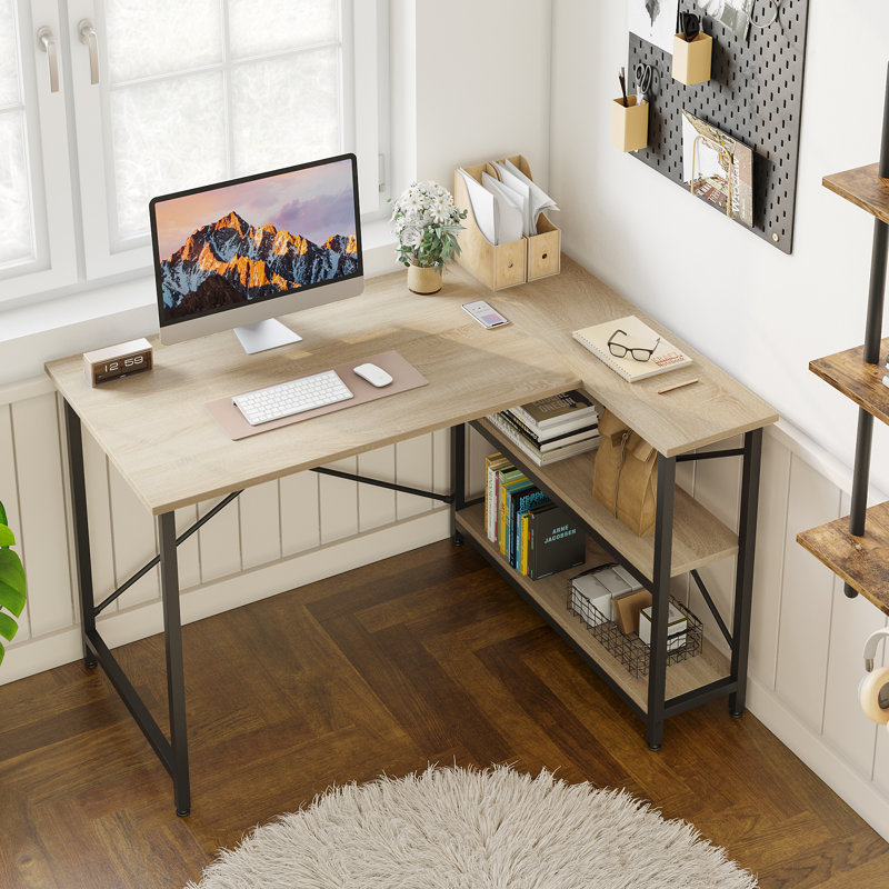 Bureau d'ordinateur en L Walbrook, bureau de travail réversible avec tablettes réglables Walbrook, Chêne