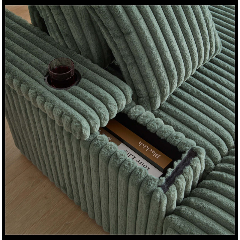 Canapé de 84 pouces en velours côtelé 3 places avec 3 coussins de dossier, 2 coussins décoratifs, 2 repose-pieds, 2 espaces de rangement et cannelures de maintien des tasses Canapé confortable pour le salon