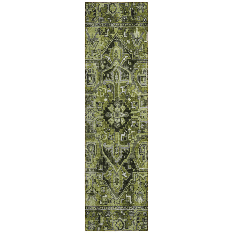 8' Runner Olive Green and Dark Green Oriental Washable Non Skid Indoor Outdoor Runner Rug