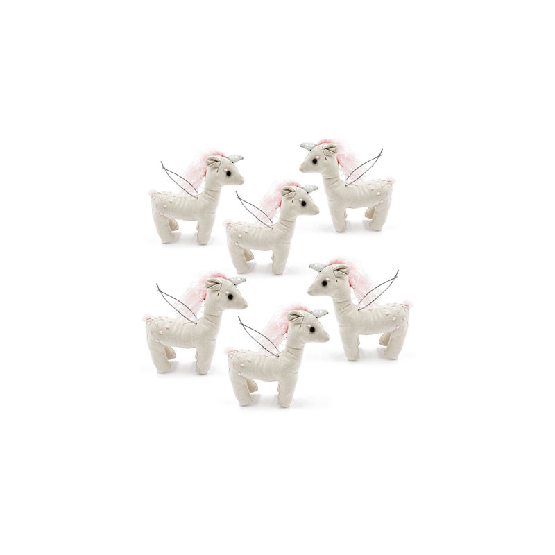 Cream and Pink Fabric Unicorn Hanging Ornament Set of 6