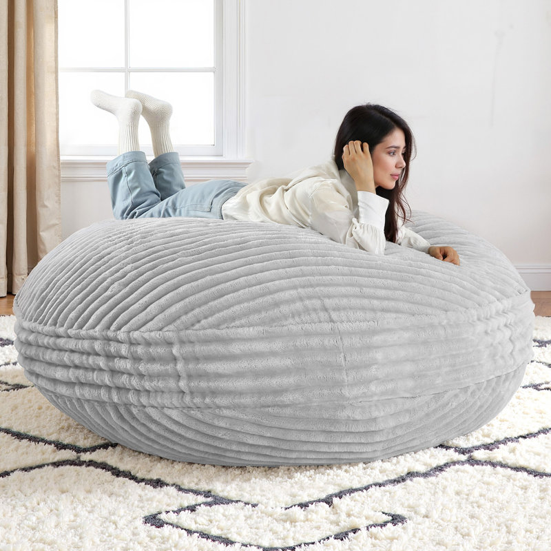 Oversized Compression Large Round 5 Foot Giant Foam Filled Faux Rabbit Fur Gray Bean Bag Sofa with Soft Removeable Cover