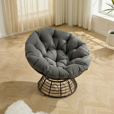 Chaise pivotante à 360 ° Papasan, chaise ergonomique ronde en osier avec coussin épais, structure en acier robuste pour le salon et la chambre à coucher, supporte 300 lb