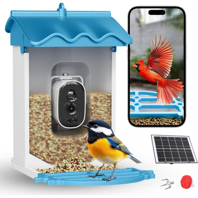 Mangeoire à oiseaux intelligente 4K avec reconnaissance de l'intelligence artificielle - énergie solaire, grande capacité de 2 L, vision nocturne, alertes de l'application, capture automatique de photos et de vidéos, dissuasion des écureuils pour l'observation des oiseaux sauvages - bleu, norme américaine