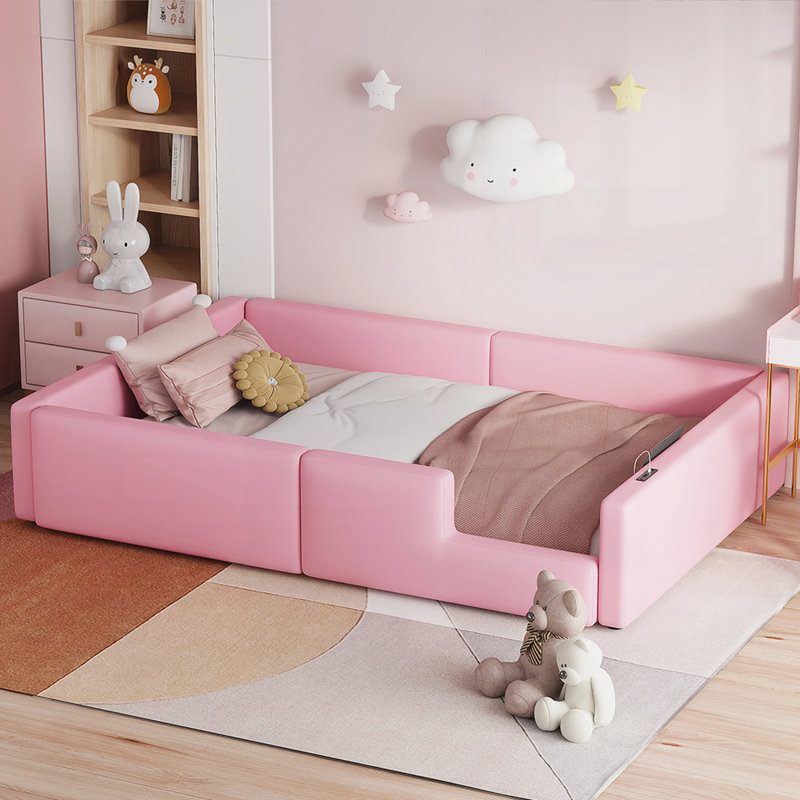 Lit plateforme tapissier avec garde-corps et station de charge, Rose