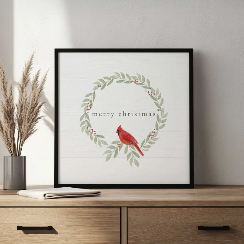 «Merry Christmas Cardinal Wreath» par Kate Sherrill, reproduction d'art, H 21,5 po x l 21,5 po, Brun