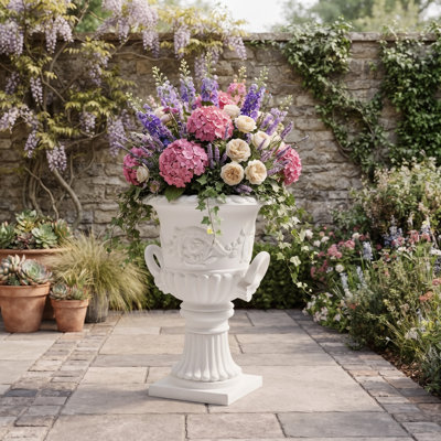 White Classic Roman Pedestal Urn, Decorative Outdoor Flower Planter