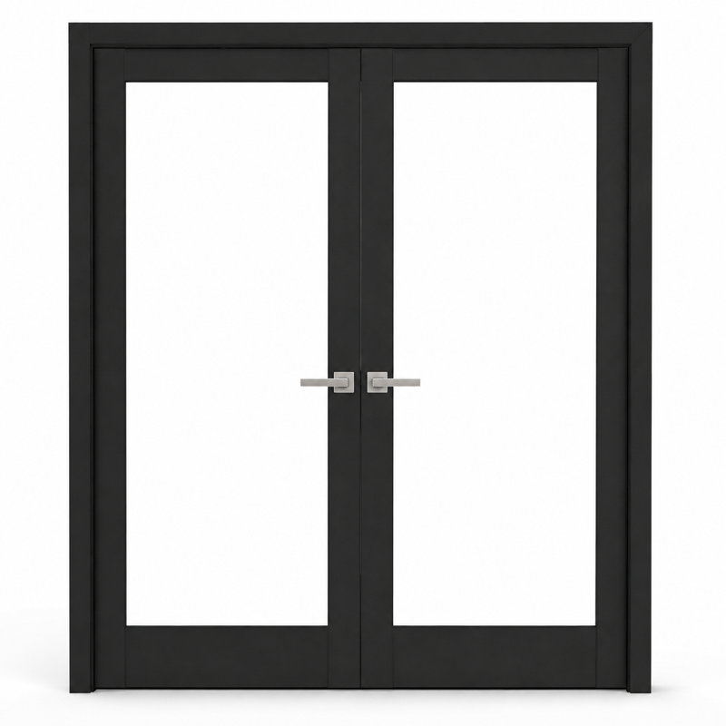 Portes doubles françaises robustes en verre clair Lucia 2166, cadre en bois massif noir mat, panneaux et moulures, idéales pour une chambre ou un dressing. Dimensions : 142 x 203 cm (2 x 71 x 203 cm).