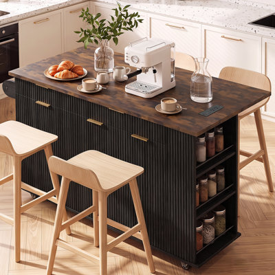 56.1'' W  Solid Wood Kitchen Island with  Storage Cabinet，Charging Station, Trash Cabinet, Locking Wheels, and Drop Leaf