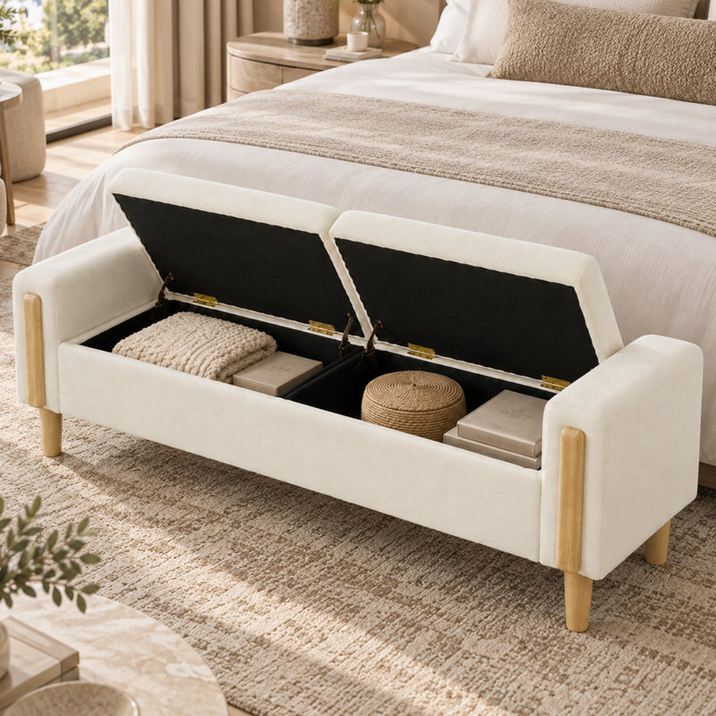Banc de rangement moderne à double couvercle, capitonné, avec compartiment caché spacieux et accoudoirs, idéal pour l'entrée de chambre et le salon.