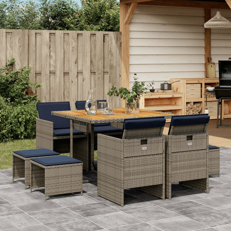 Ensemble repas de patio 9 pièces avec coussins en rotin Latitude Run®, Bleu / gris