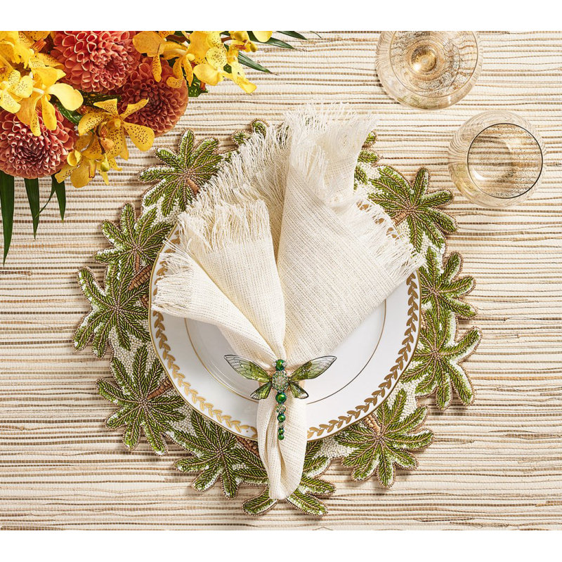 Fringe Linen Napkin, White/Gold