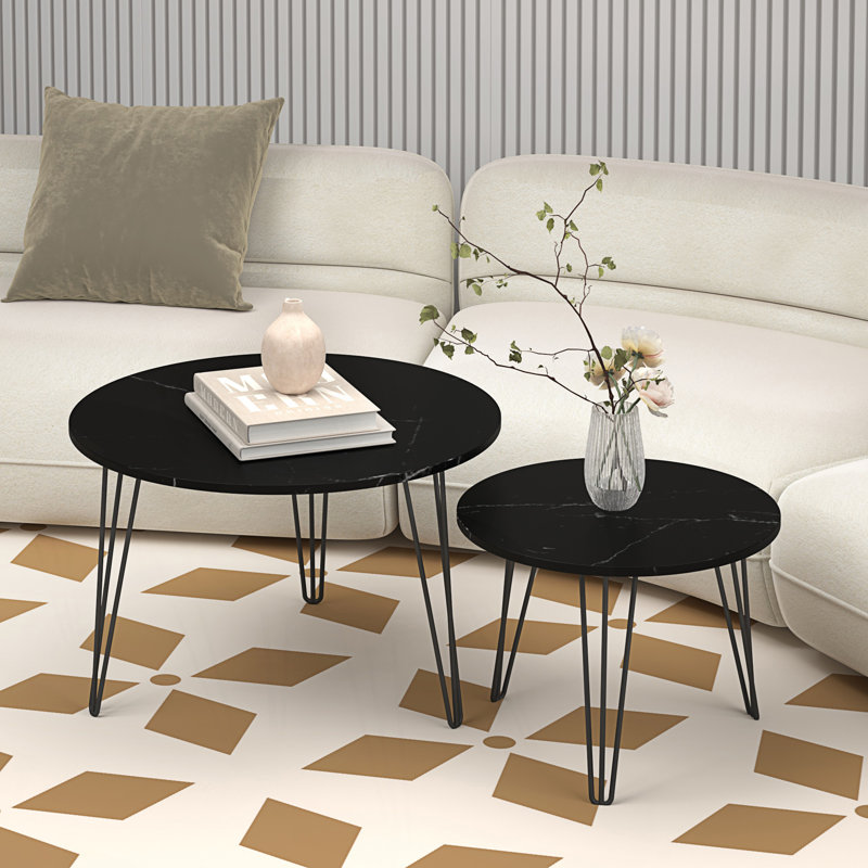 27.56" Round Nesting Coffee Table Set of 2, Marble Top & Sturdy Metal Base for Living Room Bedroom, Black
