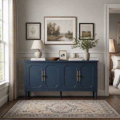 Buffet Mid-Century moderne, crédence en panneau de fibres à densité moyenne de 58,9 po avec tablettes réglables, poignées en métal sculpté et pieds en bois massif pour la cuisine du vestibule du salon