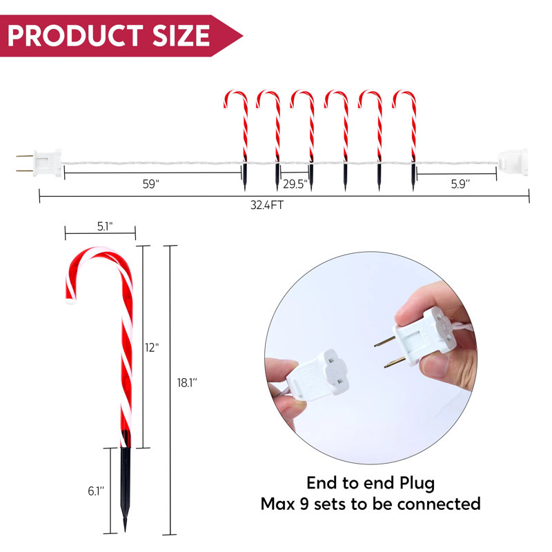12 Pcs Christmas Candy Cane Pathway Markers Lights, 12” Stakes Lights, 12" H x 5.3" W x 0.7" D, Clear White