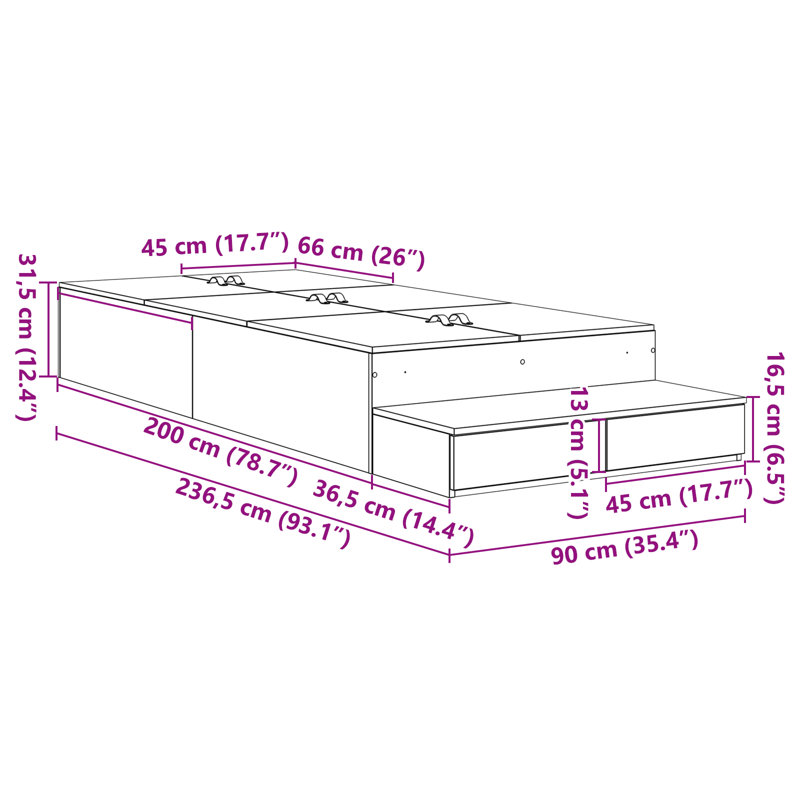 Vidaxl Storage Bed Frame, European Single (90 cm x 200 cm), Black Oak