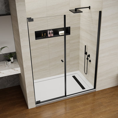 Porte de douche pivotante en verre pivotant de 59 à 60 po x H 75 po, avec verre trempé Sgcc transparent de 5/16 po (8 mm), porte de douche à charnière au fini noir mat, verre à double revêtement, installation réversible