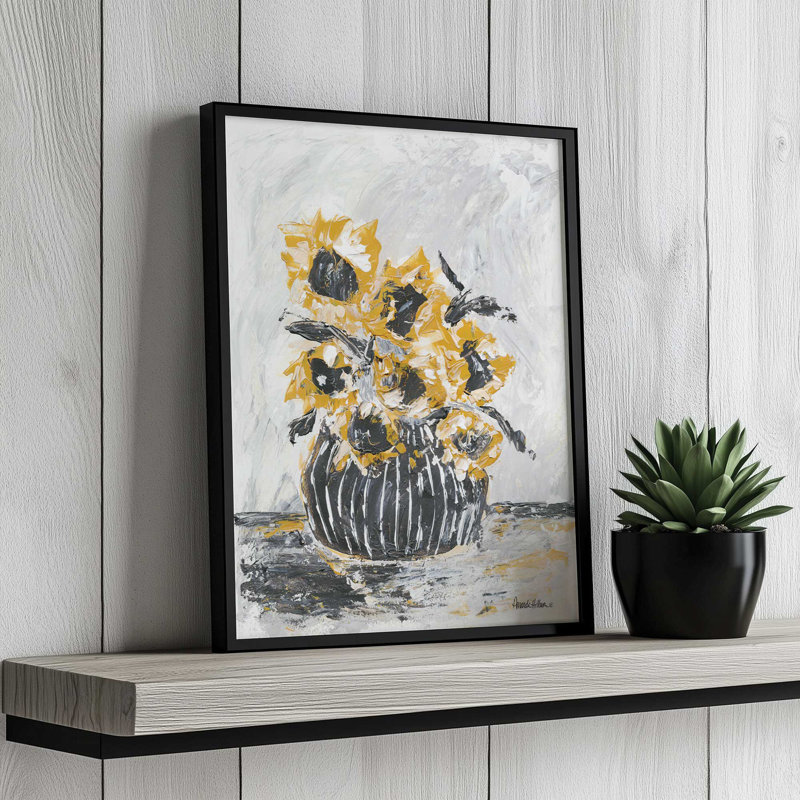 «Sunflowers and Stripes II» par Amanda Hilburn, reproduction d'art, L 24 po x H 32 po, Noir, Impression encadrée
